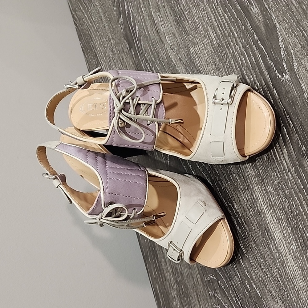 Tod's Lace Up Sneaker Style Peep Toe Sling Back Sandal Heels